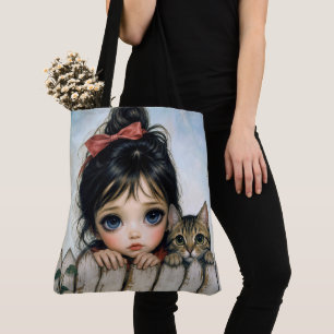 Bolso De Tela Niña con Ojos Grandes y Gato Mascota