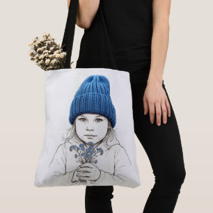 Bolso De Tela Niña con un sombrero azul de punto