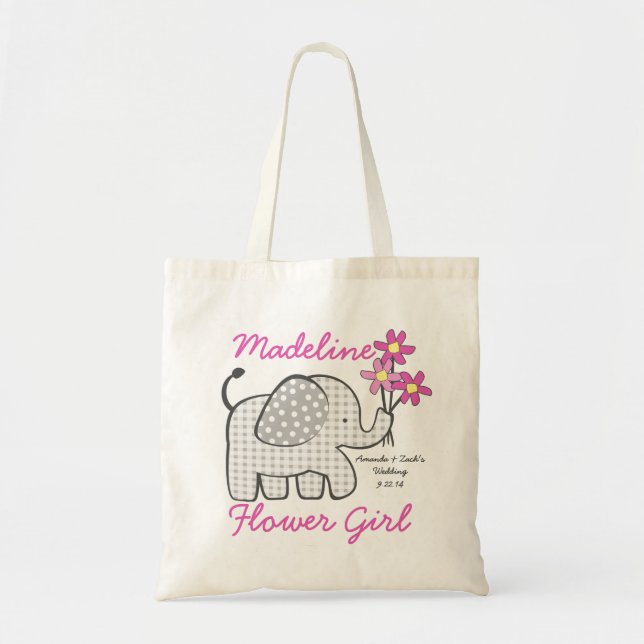 Bolso De Tela Niña flor Gingham Elephant con Bouquet Pink (Frente)
