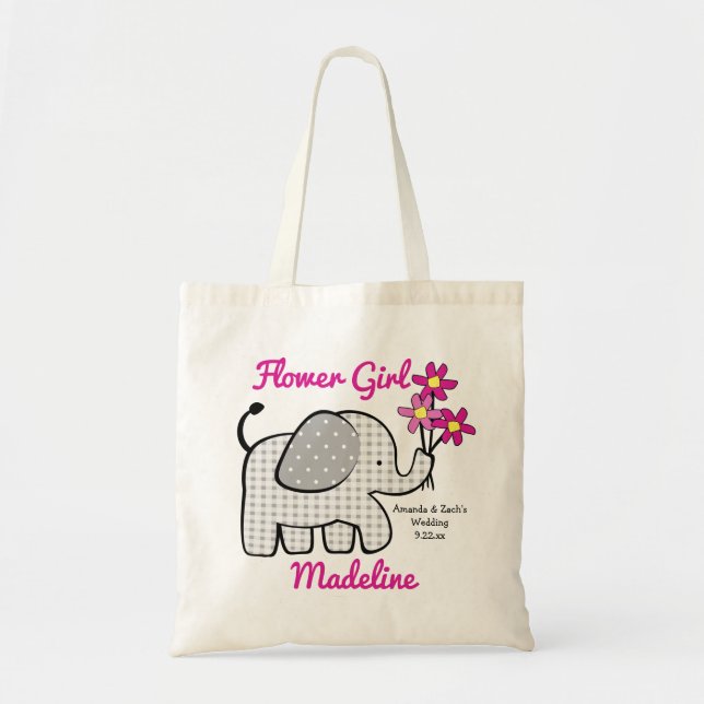 Bolso De Tela Niña flor Gingham Elephant con Bouquet Pink (Frente)