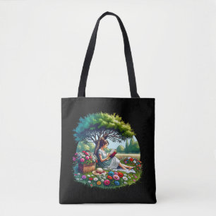 Bolso De Tela Niña leyendo bajo un árbol rodeada de flores