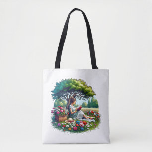 Bolso De Tela Niña leyendo bajo un árbol rodeada de flores