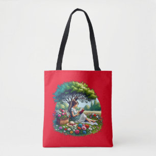 Bolso De Tela Niña leyendo bajo un árbol rodeada de flores
