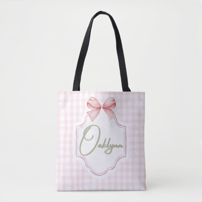 Bolso De Tela Niña Oaklynn Nursery Bow&Gingham personalizada (Anverso)