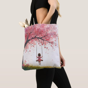 Bolso De Tela Niña pequeña en la flor de un árbol de cerezo