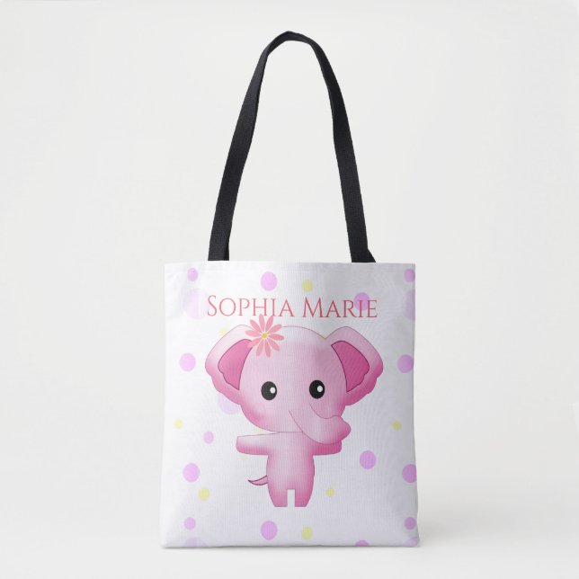 Bolso De Tela Niña pequeña y rosa dulce elefante (Anverso)