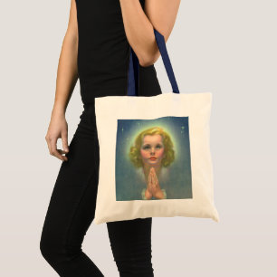 Bolso De Tela Niña rubia angelical con halo y estrellas rezando