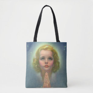 Bolso De Tela Niña rubia angelical con halo y estrellas rezando