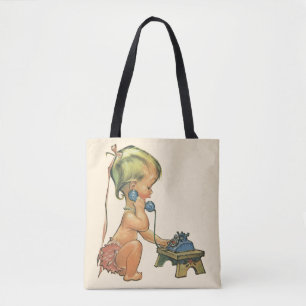 Bolso De Tela Niña Rubia y Adorable de Época Hablando por Teléfo