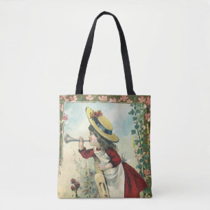 Bolso De Tela Niña Victoriana Antigua Tocando una Corneta en un 