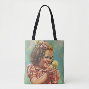 Bolso De Tela Niña Vintage con Pollito Bebé, Niño Feliz Sonriend