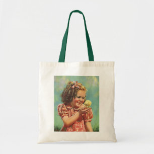 Bolso De Tela Niña Vintage con Pollito, Niño Feliz Sonriendo
