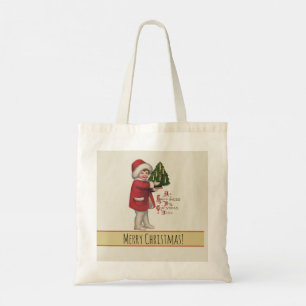 Bolso De Tela Niño con árbol de Navidad Arte de ilustración vint