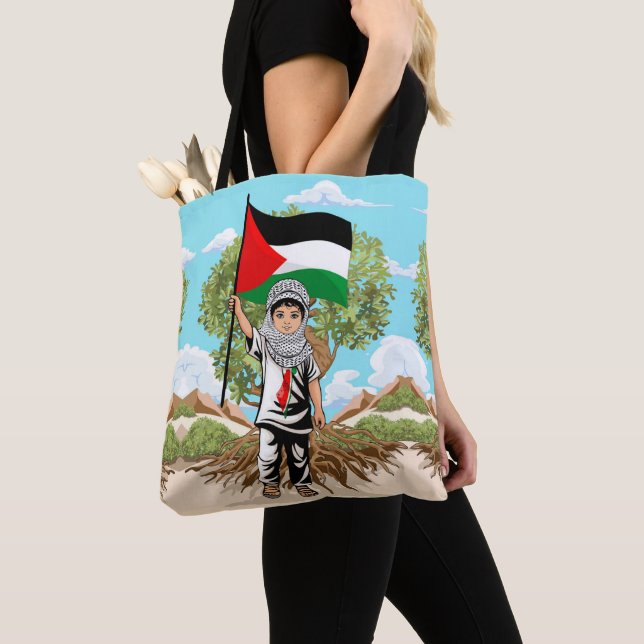 Bolso De Tela Niño con bandera palestina de Keffiyeh y olivo (Detalle)