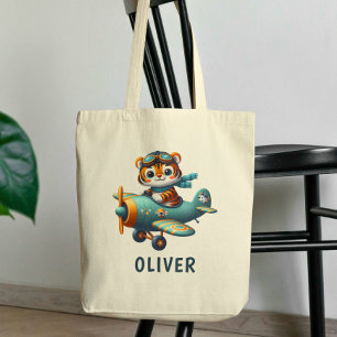 Bolso De Tela Niño Tigre Adorable Volando un Avión Personalizado