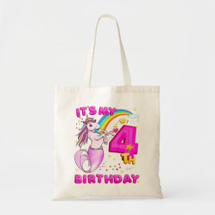 Bolso De Tela Niños 4 cumpleaños Unicornio Mermicorn Sirvienta P