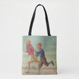 Bolso De Tela Niños antiguos corriendo a la escuela llevando lib