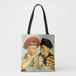 Bolso De Tela Niños antiguos, niño y niña compartiendo un batido