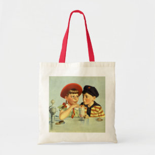 Bolso De Tela Niños antiguos, niño y niña compartiendo un batido