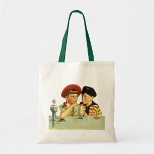Bolso De Tela Niños Antiguos, Niño y Niña Compartiendo un Batido