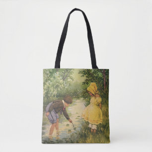 Bolso De Tela Niños antiguos, niño y niña jugando junto al arroy