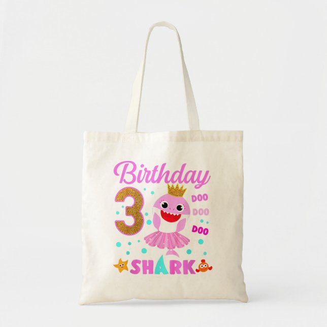 Bolso De Tela Niños de cumpleaños Tiburón Tercer Chica Tres Años (Frente)