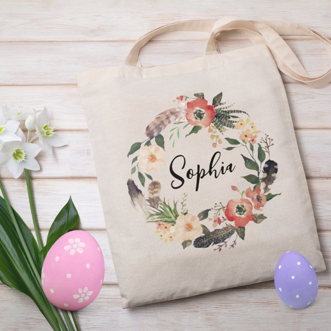 Bolso De Tela Niños de la caza de Pascua Floral personalizada (Easter egg hunt tote bag for kids)