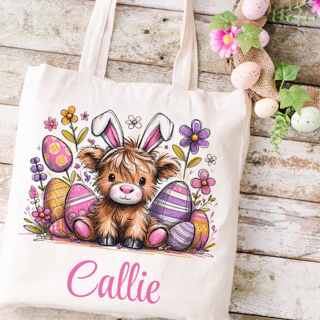Bolso De Tela Niños de Pascua de Vaca de Highland nombran coneji (Highland Cow Girls Easter Tote)