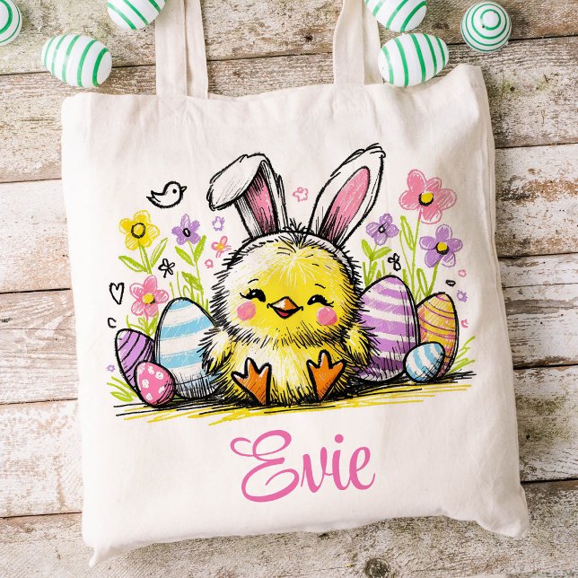 Bolso De Tela Niños de Pascua nombran Chicas Bunny Chick (Chick Girls Easter Tote)
