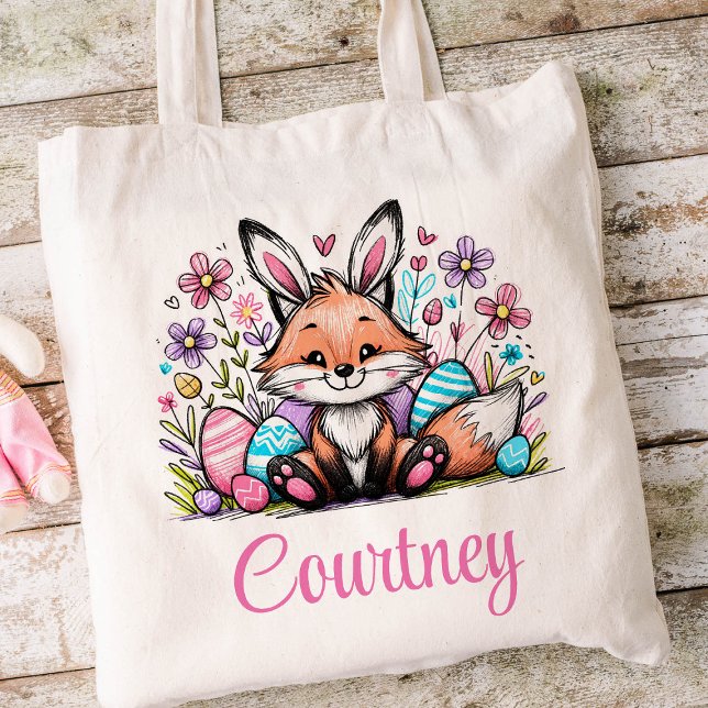 Bolso De Tela Niños de Pascua nombran Chicas Bunny Fox (Fox Girls Easter Tote)