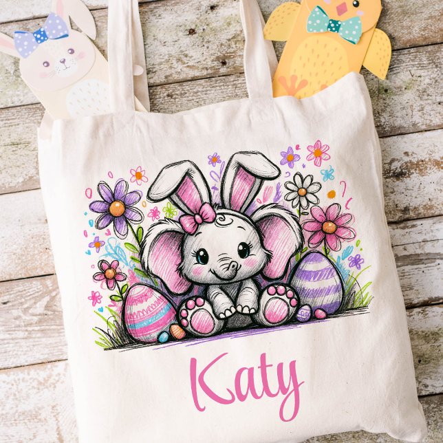 Bolso De Tela Niños de Pascua nombran Chicas elefantes conejitos (Elephant Girls Easter Tote)