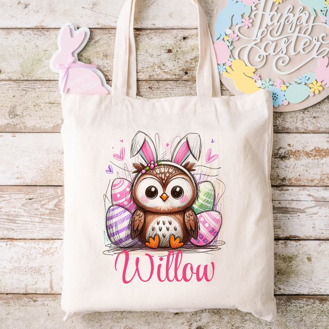 Bolso De Tela Niños de Pascua nombran Chicas Lechuza Conejana (Custom Easter Hunt Bag)
