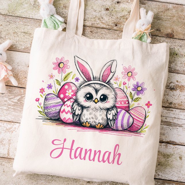 Bolso De Tela Niños de Pascua nombran Chicas Owl Bunny (Owl Girls Easter Tote)