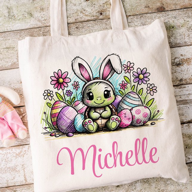 Bolso De Tela Niños de Pascua nombran Chicas tortuga conejita (Turtle Girls Easter Tote)