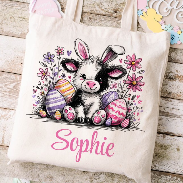Bolso De Tela Niños de Pascua nombran Chicas Vaca Conejita (Cow Girls Easter Tote)