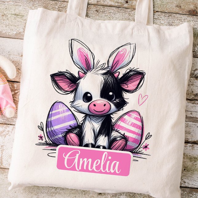 Bolso De Tela Niños de Pascua nombran Chicas Vaca Conejita (Cow Easter Hunt Tote Bag)