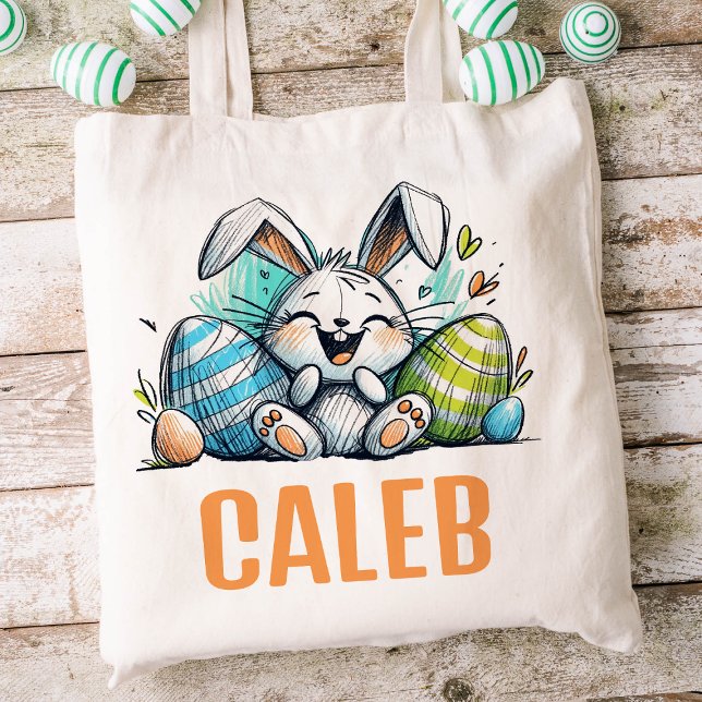 Bolso De Tela Niños de Pascua nombran conejo conejo conejo conej (Boys Easter Tote)