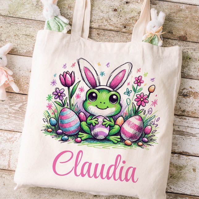 Bolso De Tela Niños de Pascua Rana Nombran Chica Bunny (Frog Girls Easter Tote)