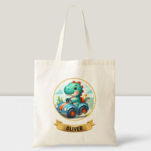 Bolso De Tela Niños Dino Lindo Conduciendo un Coche de Carreras