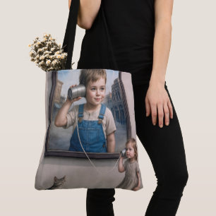 Bolso De Tela Niños hablando por un teléfono de lata retro