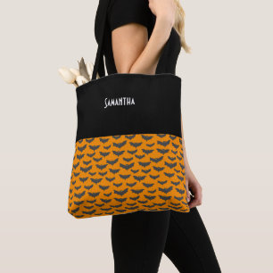 Bolso De Tela Niños Halloween 1000 de Black Bats Flying Name