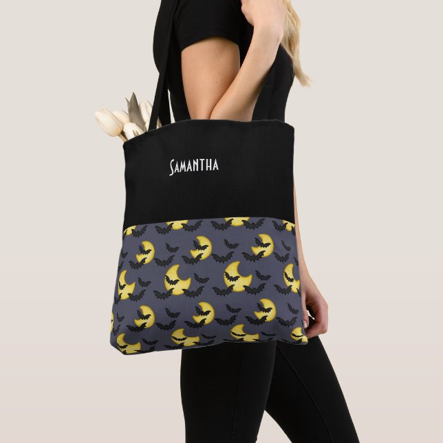 Bolso De Tela Niños Halloween Black Bats Flying Moon Night Name (Detalle)