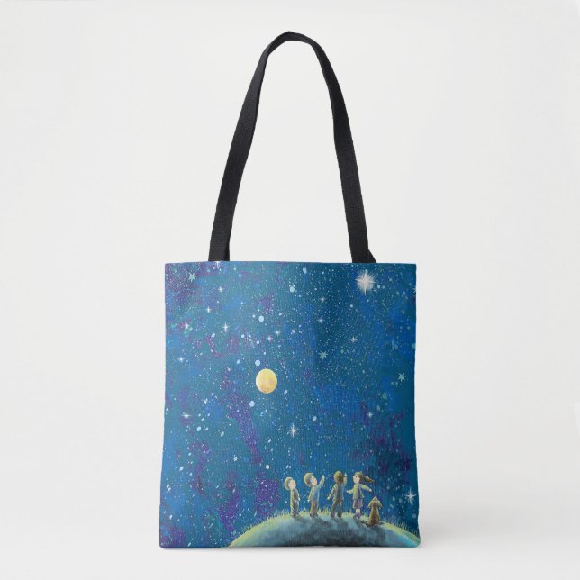 Bolso De Tela Niños Mirando El Cielo Nocturno (Anverso)