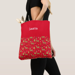 Bolso De Tela Niños Navidades renos jugando nombre rojo