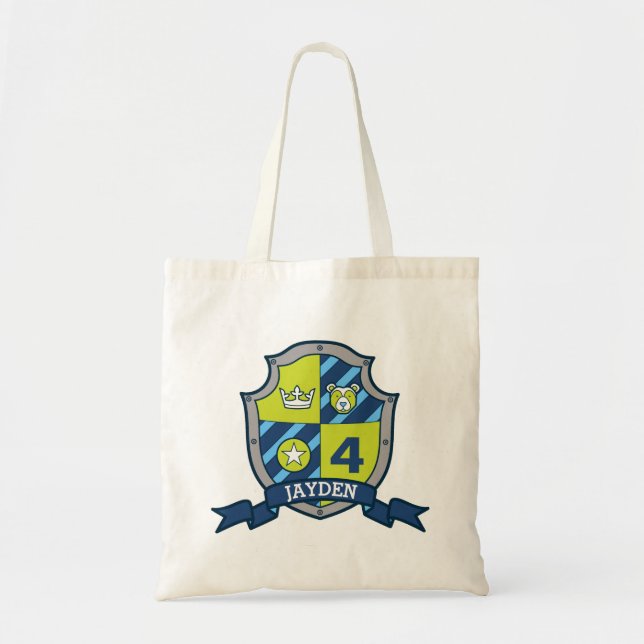 Bolso De Tela Niños niños caballero escudo nombre oso azul (Frente)