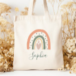 Bolso De Tela Niños nombran a Boho Rainbow Heart Earth Tones<br><div class="desc">Esta bolsa de tote tiene un arcoíris boho decorado con corazones y puntos de polka en tonos tierra de verde,  terracota y rosa polvoriento. Personalízalo con su nombre en escritura a mano verde oscuro.</div>