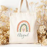 Bolso De Tela Niños nombran a Boho Rainbow Heart Earth Tones<br><div class="desc">Esta bolsa de tote tiene un arcoíris boho decorado con corazones y puntos de polka en tonos tierra de verde,  terracota y rosa polvoriento. Personalízalo con su nombre en escritura a mano verde oscuro.</div>