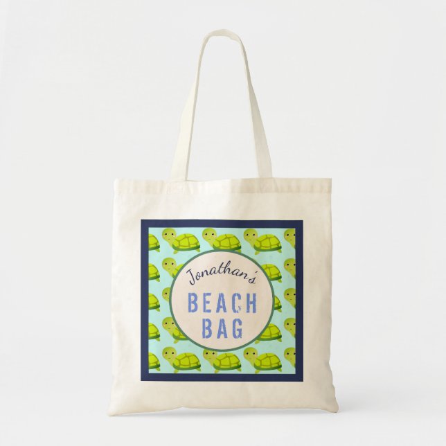 Bolso De Tela Niños Nombre Personalizado Playa de Tortugas Cutas (Frente)