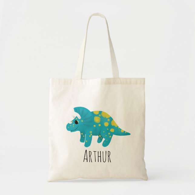 Bolso De Tela Niños Personalizados de dinosaurios azules (Frente)