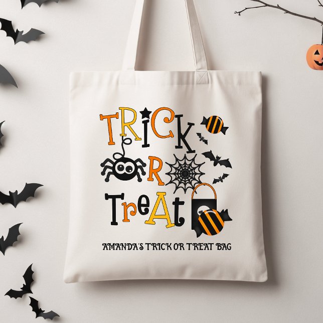 Bolso De Tela Niños Retro Negros Halloween Trick O Tremendo Tote (Halloween Trick or Treat Tote Bag, Personalized Kids Trick Or Treat Tote, Spider Candy Trick Treat)